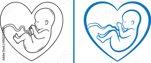 Minimalist line art vector featuring a fetus inside a heart frame, symbolizing prenatal love. Includes thin black and bold blue outline styles on a clean background.