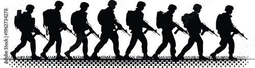 Military Soldiers Silhouette Set Walking in Line with Rifles and Gear for Army Combat Mission and Defense Concept Flat Vector Illustration