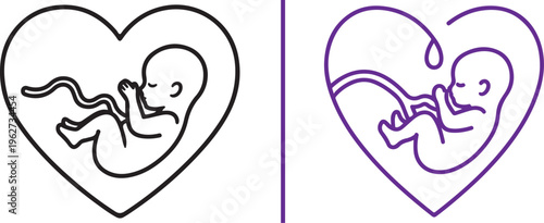 Two minimalist vector icons featuring a fetus nestled inside a heart shape. The left version is in classic black, while the right features a purple line with an added stylized drop detail.