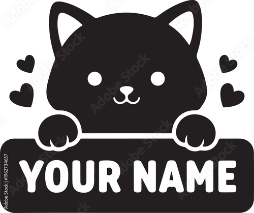 Kitty Peeking Over Nameplate Silhouette Cute Cat Sign Vector Illustration