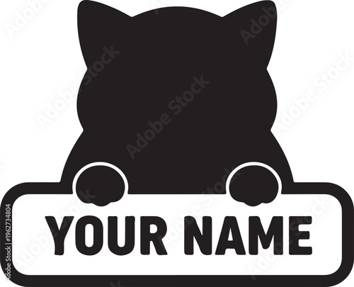 Kitty Peeking Over Nameplate Silhouette Cute Cat Sign Vector Illustration