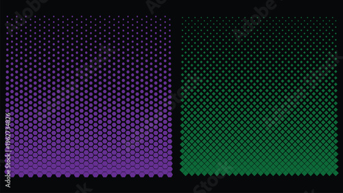 Hexagon halftone gradient pattern with honeycomb dot texture in purple and green, abstract modern background for technology, gaming, print and branding use