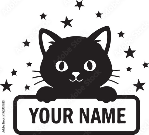 Kitty Peeking Over Nameplate Silhouette Cute Cat Sign Vector Illustration