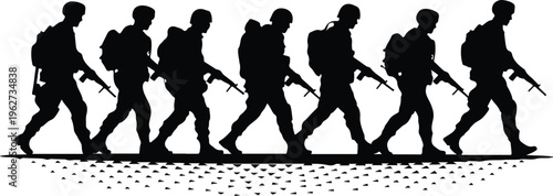 Military Soldiers Silhouette Set Walking in Line with Rifles and Gear for Army Combat Mission and Defense Concept Flat Vector Illustration