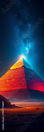 Pyramid bathed in otherworldly light against a velvet, star-speckled night,  bright illumination,  awe