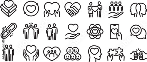 Collection of black line icons depicting love relationships and friendship