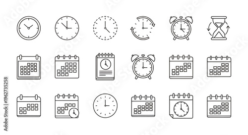 Set of monochrome time and calendar icons featuring clocks, calendars, and timers.
