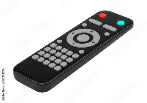 3d icon of a black television remote control with buttons and lights, isolated on transparent background