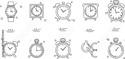 Clock and alarm icon vector set with wristwatch stopwatch timer and vintage time devices outline collection