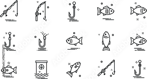 Fishing line icon vector set with rod hook fish bait and angling equipment simple outline collection