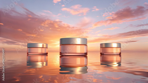 Three floating skincare jars reflecting sunset colors over calm water floating containers cosmetic jars