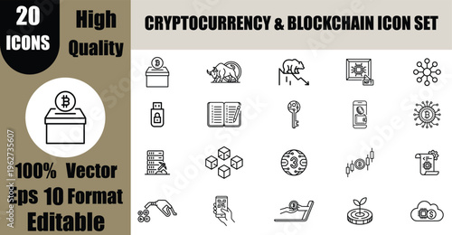 20 Cryptocurrency and Blockchain Line Icon Set Vector: Bitcoin and Crypto Trading Outline Symbols.
