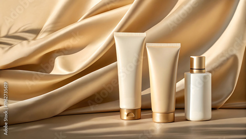 Three skincare products with minimal branding on beige fabric background beauty products packaging tubes