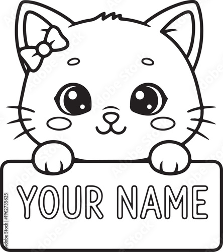 Kitty Peeking Over Nameplate Outline Silhouette Cute Cat Line Art Vector
