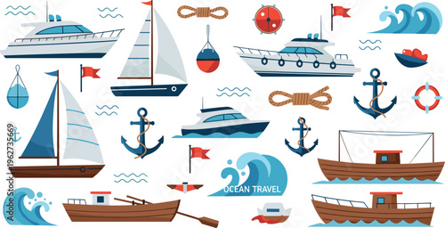 Marine transport vector set with boats yachts sailboats anchors ropes waves and nautical travel elements illustration collection