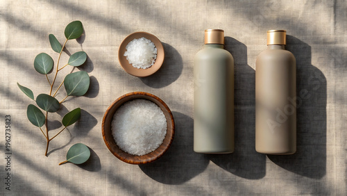 Two beige bottles with gold caps and salt in wooden bowls with eucalyptus leaves on beige fabric two bottles
