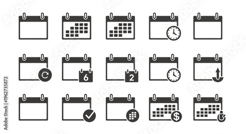 Collection of grayscale calendar icons with varied dates, check marks, and symbols.