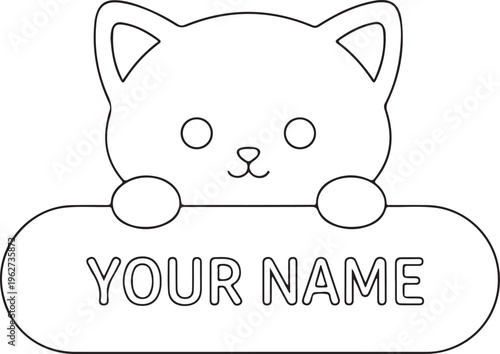 Kitty Peeking Over Nameplate Outline Silhouette Cute Cat Line Art Vector