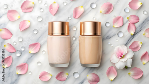 Two pastel pink bottles with copper lids on marble surface surrounded by rose petals and water droplets