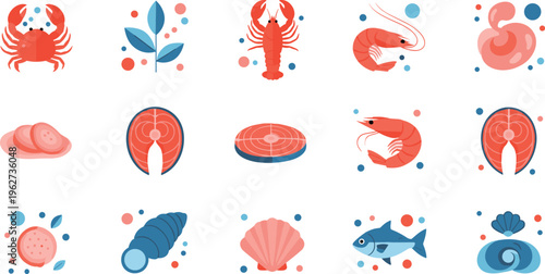 Seafood vector set with crab shrimp lobster salmon shellfish and fresh ocean food ingredients illustration collection