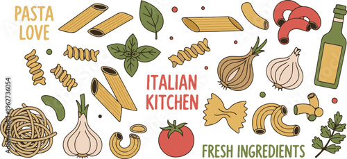 Italian Pasta Ingredients Doodle Kitchen Food, Illustration Cartoon Collection