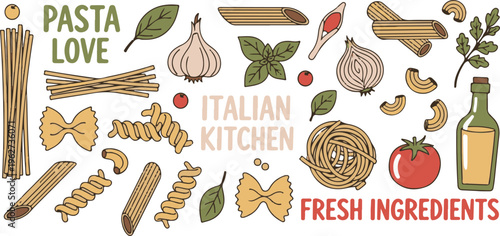 Italian Pasta Ingredients Doodle Kitchen Food, Illustration Cartoon Collection