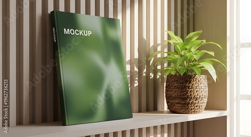 Book cover mockup with green abstract design on a wooden shelf