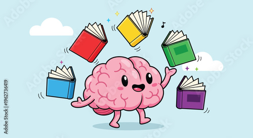 Brain balancing multiple colorful books.