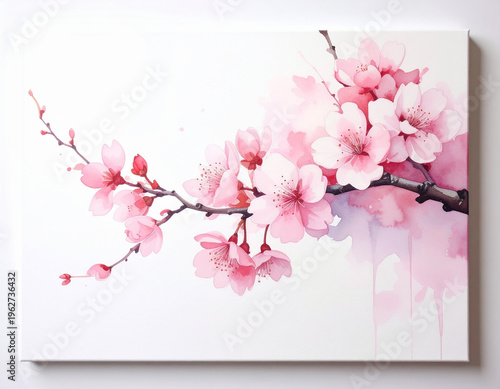 Elegant watercolor illustration of a delicate pink cherry blossom branch, capturing the serene beauty of spring and natural grace on a pristine white background