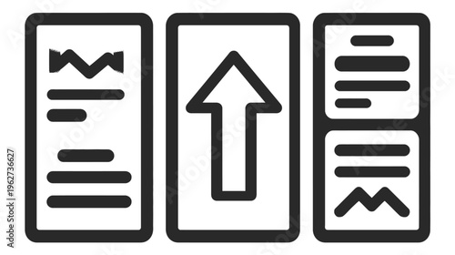 Content upload and data organization icons. Digital information flow, document management, and progress symbol for web design.