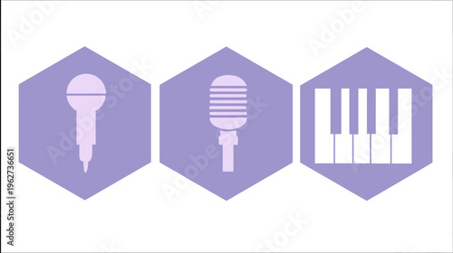 Music Equipment Vector Icons: Modern & Retro Microphones, Piano Keyboard in Purple Hexagonal Shapes