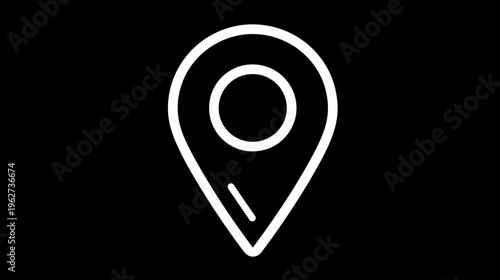 White outline location pin icon on black background. GPS map marker for navigation, address, point of interest, UI, and app design element.