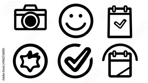 Modern outline UI icon set: camera, happy face, calendar, starburst, checkmark, date. Vector symbols for web and mobile apps.