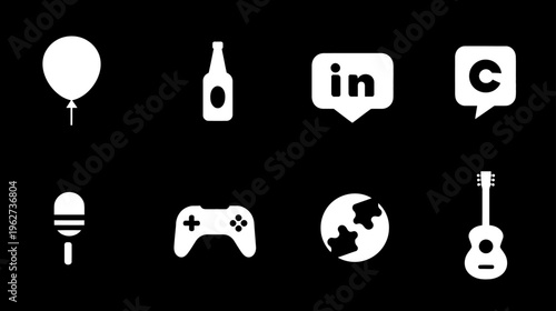 Set of white flat vector icons on black background representing social media, communication, celebration, music, gaming, and global connection.