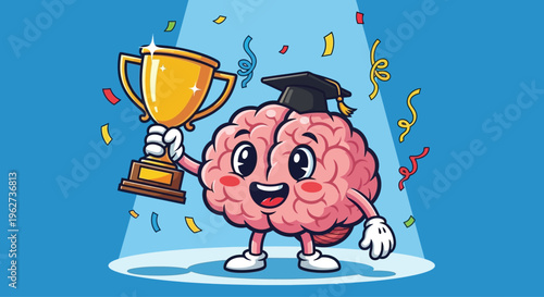 Brain with graduation cap and trophy.