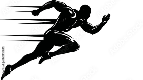 Dynamic silhouette of a muscular male sprinter in motion, running fast with speed lines, symbolizing velocity, strength, and competition.
