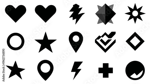 Diverse set of black flat graphic icons and symbols. Includes hearts, stars, location pins, lightning bolts, circles, and geometric shapes.