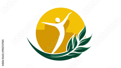 Vibrant abstract person with outstretched arms, golden sun, and green leaves, symbolizing health, wellness, nature, and vitality.