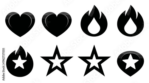 Set of black vector icons including hearts, flames, and stars. Generic UI elements, symbols, ratings, and favorite markers.