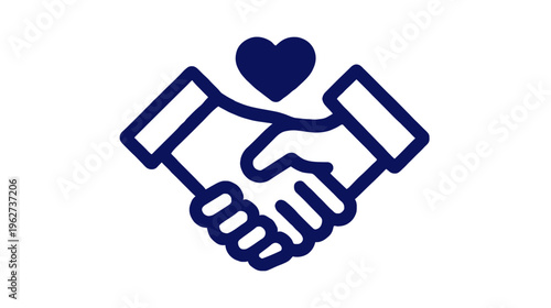 Secure partnership handshake icon with a heart, symbolizing trusted agreement, collaboration, friendship, support, and care in business or community.