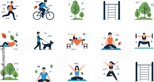 Healthy lifestyle activity vector set with running cycling yoga workout fitness outdoor exercise and wellness illustration collection