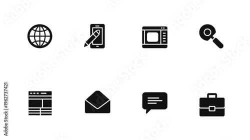 Comprehensive black glyph icons set for web, internet, digital communication, business, and technology interface concepts.