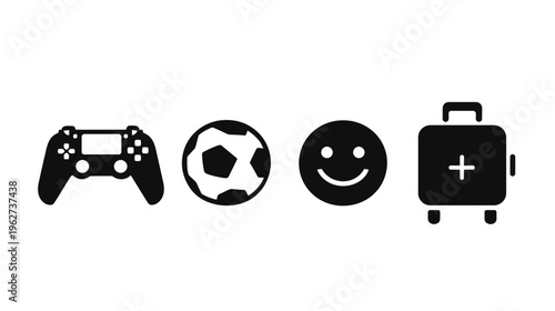 Diverse icon set with gaming controller, soccer ball, happy face, and medical kit for health and leisure activities