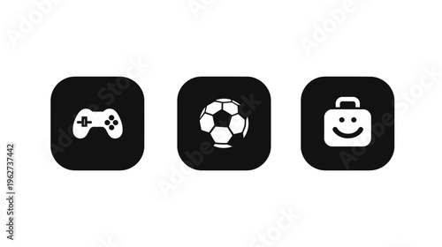 Modern flat design vector icons: gamepad, soccer ball, and smiling briefcase for gaming, sports, and business concepts
