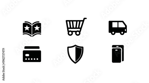 E-commerce and Online Business Icons Set: Shopping Cart, Payment, Delivery, Security, Favorites, Documents. Black and White Vector Symbols.