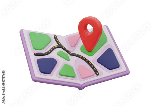 3d icon of open map with colorful regions and a red location pin isolated on transparent background