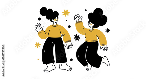 Two joyful women dancing together in a lively and expressive manner.