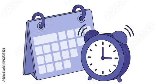 Cartoon calendar and alarm clock illustrating scheduling, planning, and time management.