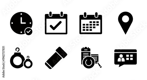 Collection of time, scheduling, location, accessibility, and authority icons for graphic design.