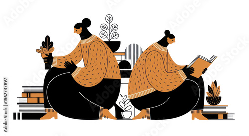 Two women engaged in reading and contemplation, surrounded by books and plants.